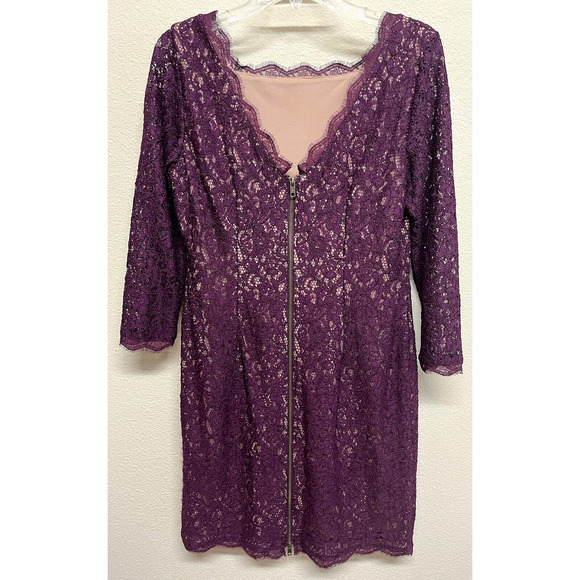 ADRIANNA PAPELL Lace Sheath Dress 3/4 Sleeve Women's Size 10 Burgundy - Picture 5 of 12